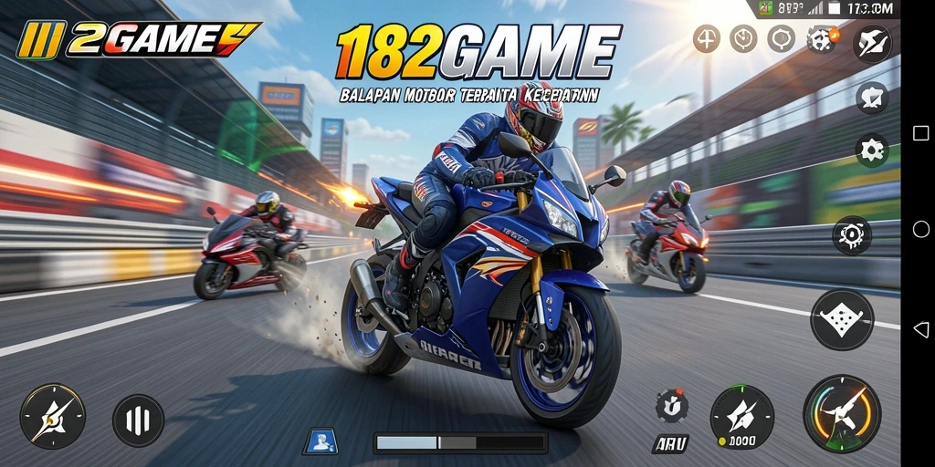 Tampilan gameplay 182GAME yang mendebarkan saat balapan motor.