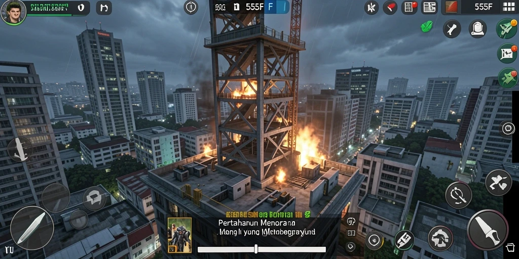Gameplay seru di 555F dengan pertahanan menara yang strategis.