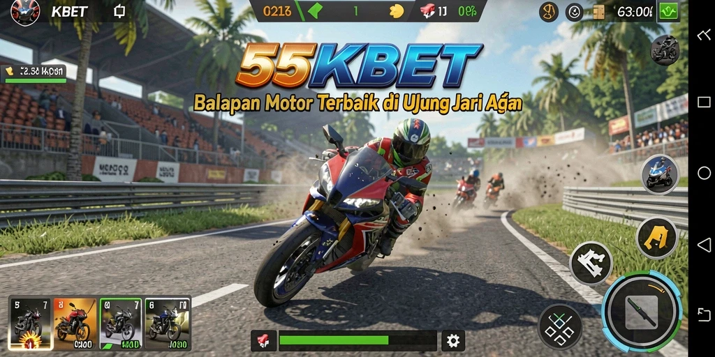 Tampilan gameplay 55KBET dengan balapan motor yang seru dan menantang.