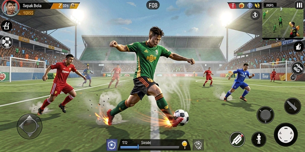 Screenshot menunjukkan aksi seru dalam gameplay sepak bola F08.