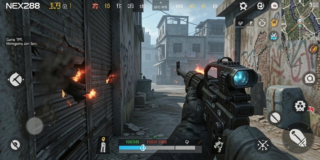 Screenshot gameplay NEX288 menampilkan aksi seru di medan perang TPS.
