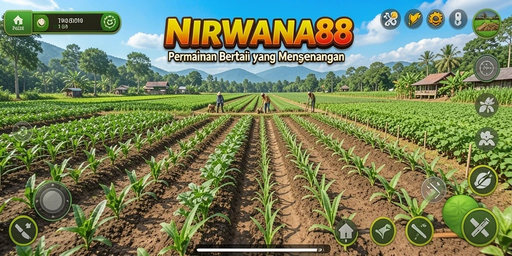 Tampilan gameplay NIRWANA88 yang menampilkan kebun dan hewan.