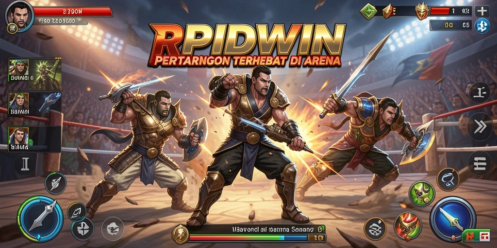 Tampilan gameplay RPIDWIN yang mendebarkan saat karakter bertarung di arena.