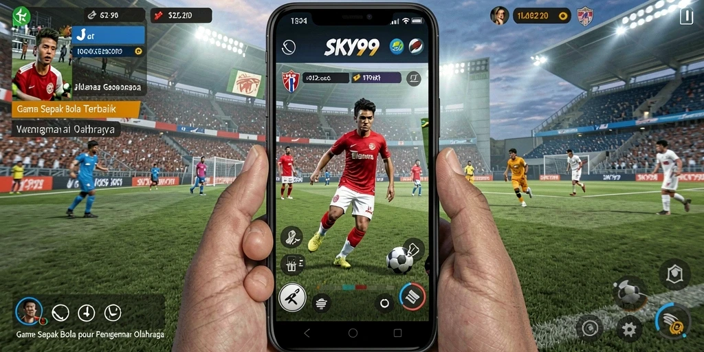 Tangkapan layar utama dari SKY99 yang menunjukkan aksi gameplay sepak bola yang mendebarkan.