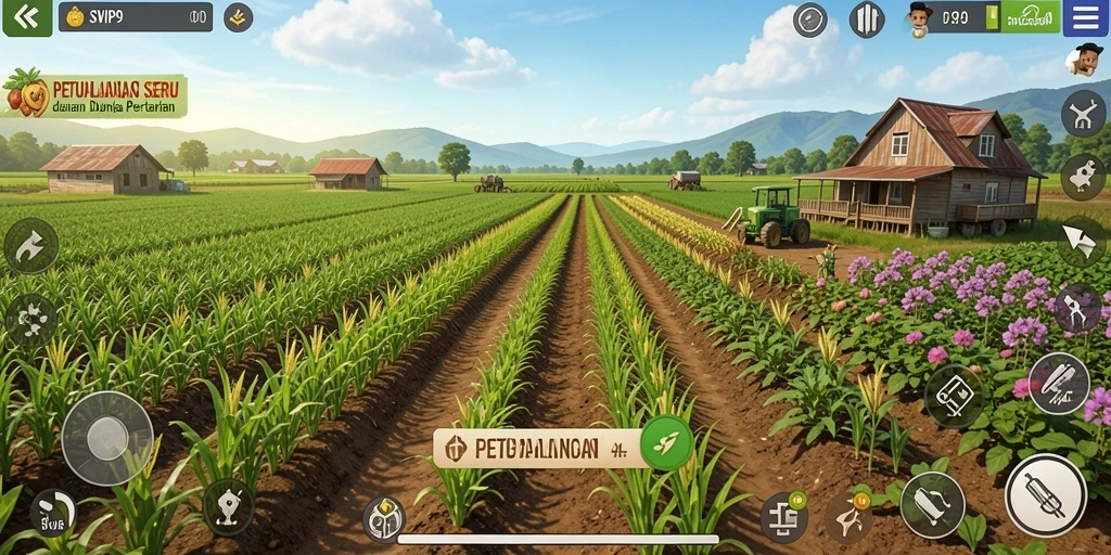 Tampilan gameplay SVIP9 yang menunjukkan ladang dan hewan ternak.